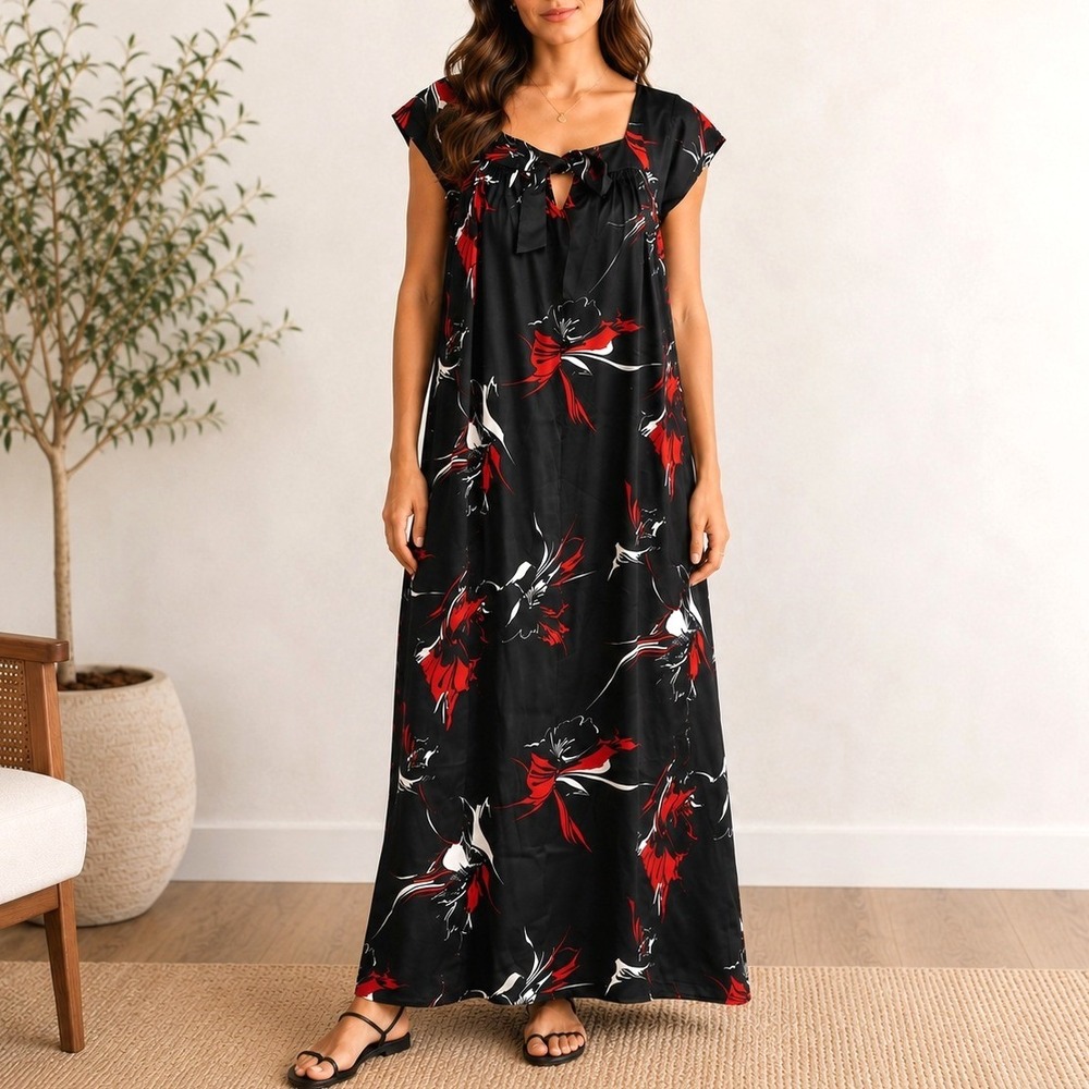 VTG 70s Nani Hawaii Floral Satin Muumuu Dress Black Maxi M Resort Lounge USA